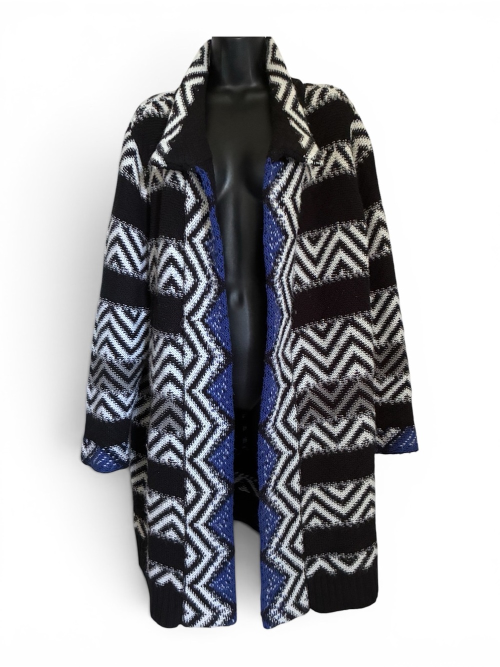 Chico's Azure Trim Black White Blue Tribal Boho Print Long Duster Sweater Sz 3/4
